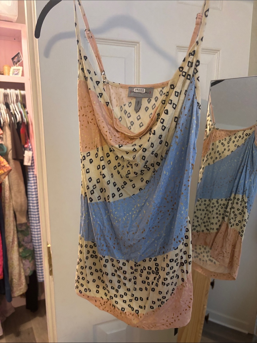 Conditions Apply Striped Draped Cowl Neck Tank Top in Blue, Cream & Peach